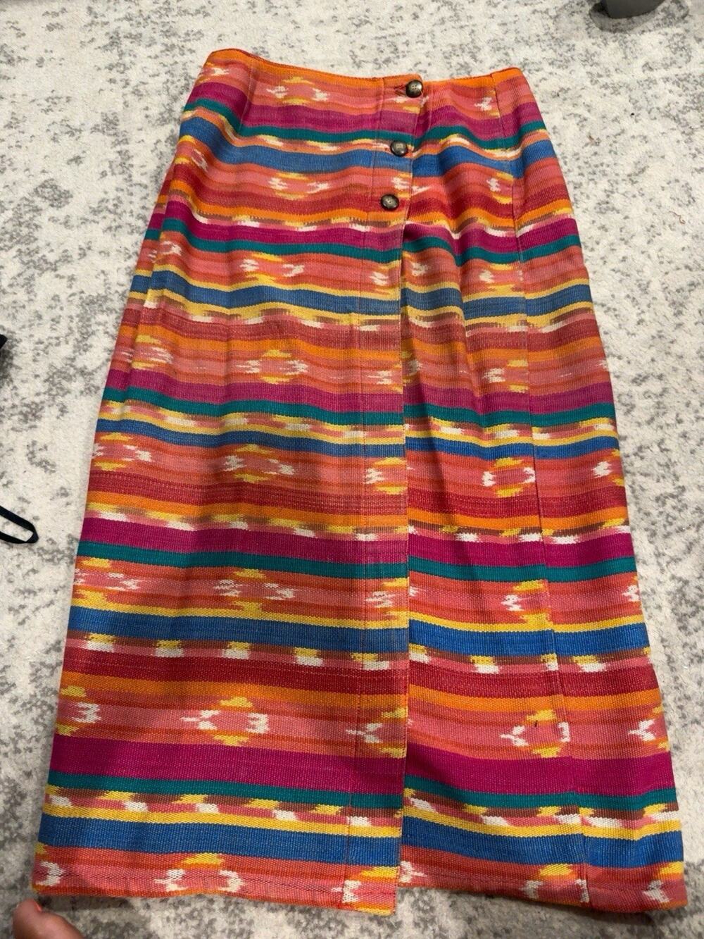 Susan Bristol Vintage Southwestern Ikat Stripe Faux Wrap Denim Midi Skirt 10